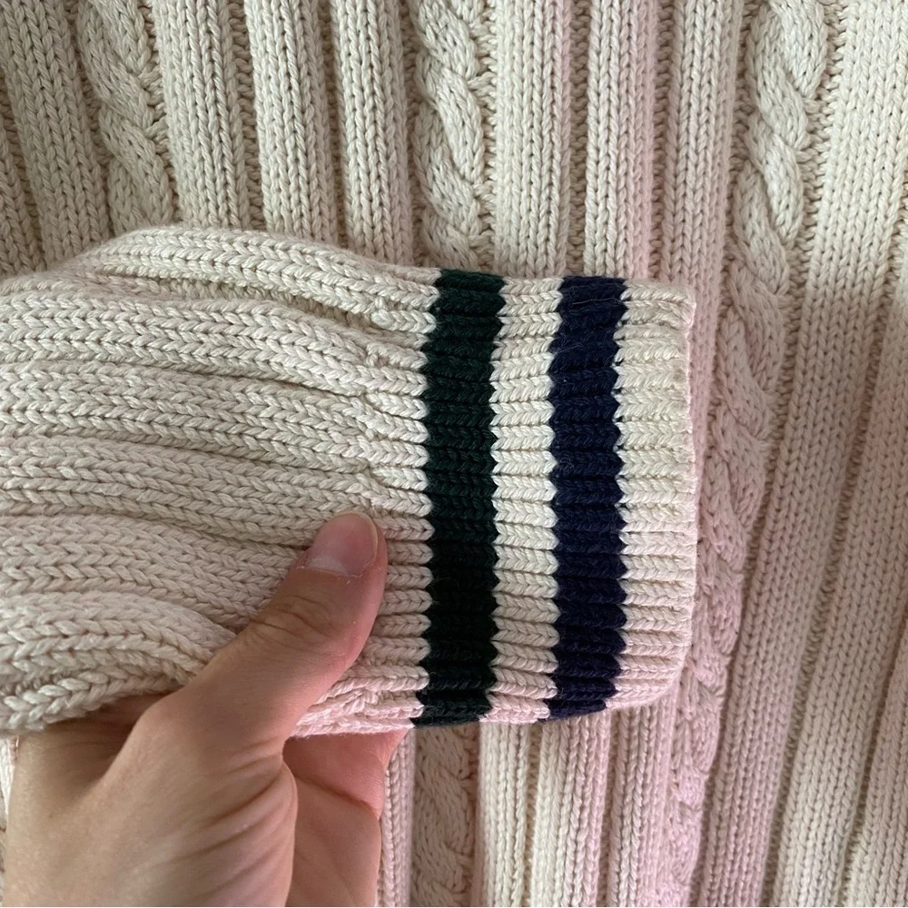 J. Crew Cream Cable-Knit V-Neck Sweater with Navy & Forest Stripes
